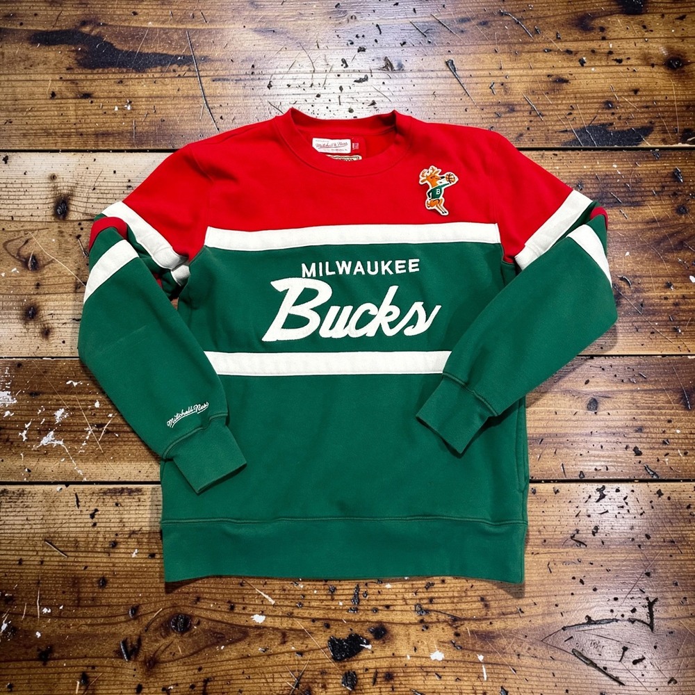 Mitchell & Ness Milwaukee Bucks Sweatshirt Mens L Colorblock Crewneck HWC Bango